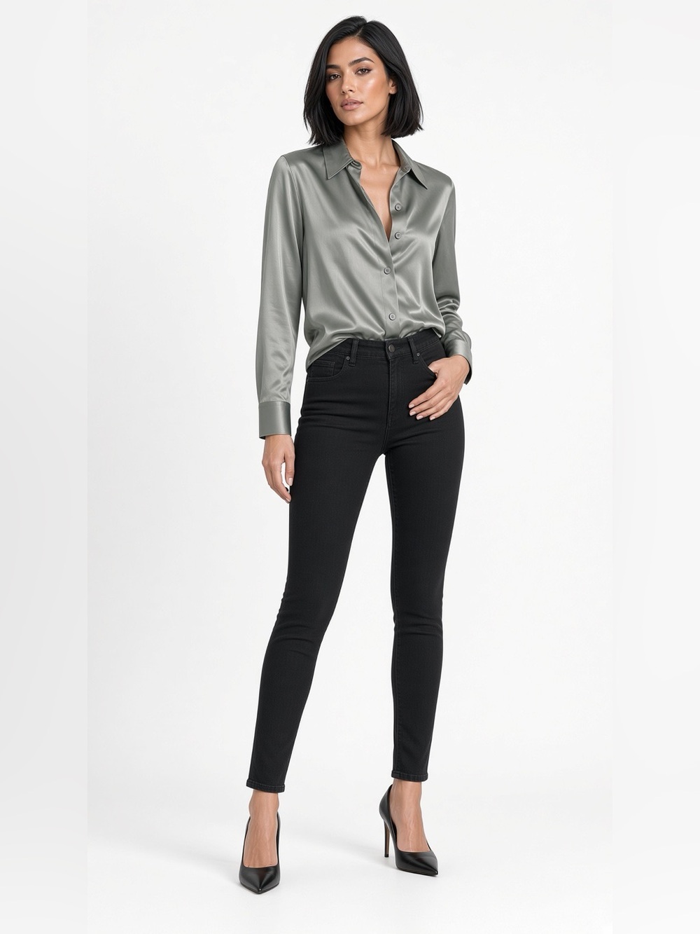 Reiss “Ameria” Silk-Satin Sage Green Button-Up Women's Blouse - Picture 2 of 6